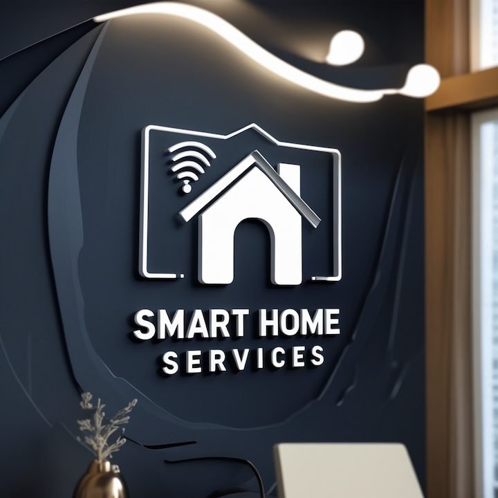 AM Smart Home -palvelut visuaalisesti esillä Moderni älykotipalvelujen logo tummalla seinällä – talon siluetti ja langattoman yhteyden symboli