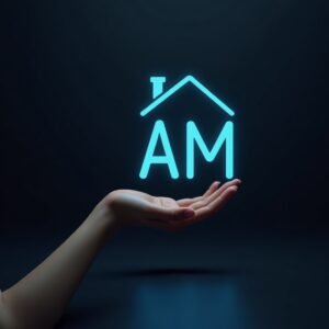 AM Smart Home -logon hohtava valo käden päällä kuvaamassa älykodin helppoutta.