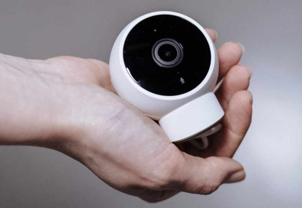 pexels-photo-9795001-9795001 Smart home security camera held in a hand, showcasing modern technology in a minimalist style.